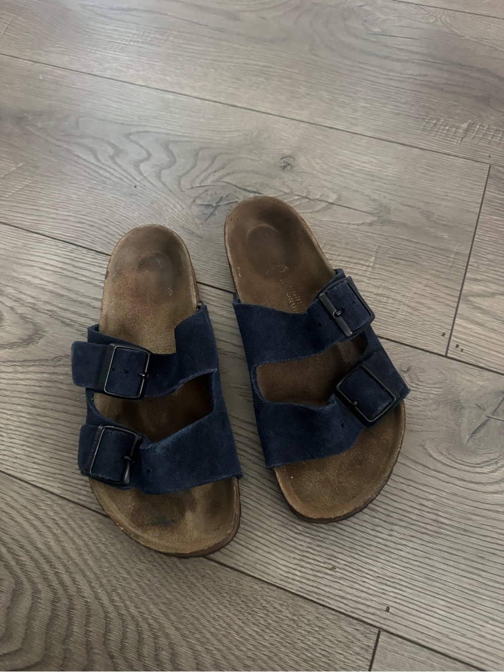 Birkenstock Size 37/6 US Navy Suede Double-Buckle Slide Sandals